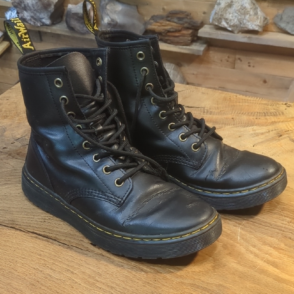 Dr. Martens Black Leather Boots with Yellow Stitching